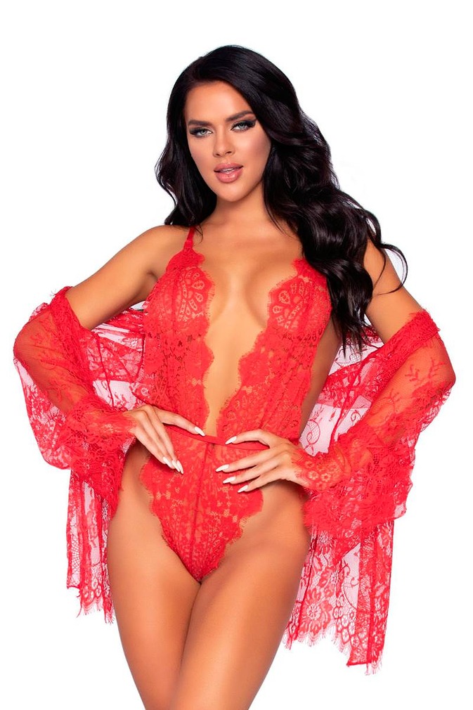 Červený sexi set body a župan 86112