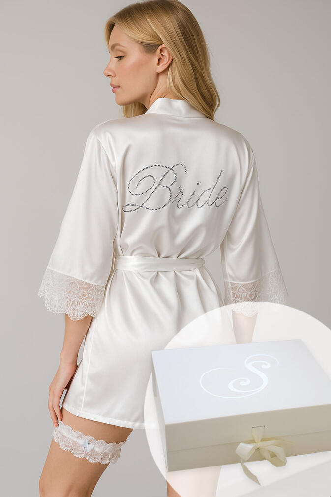 Luxusný svadobný set Bride – župan, podväzok a gumička