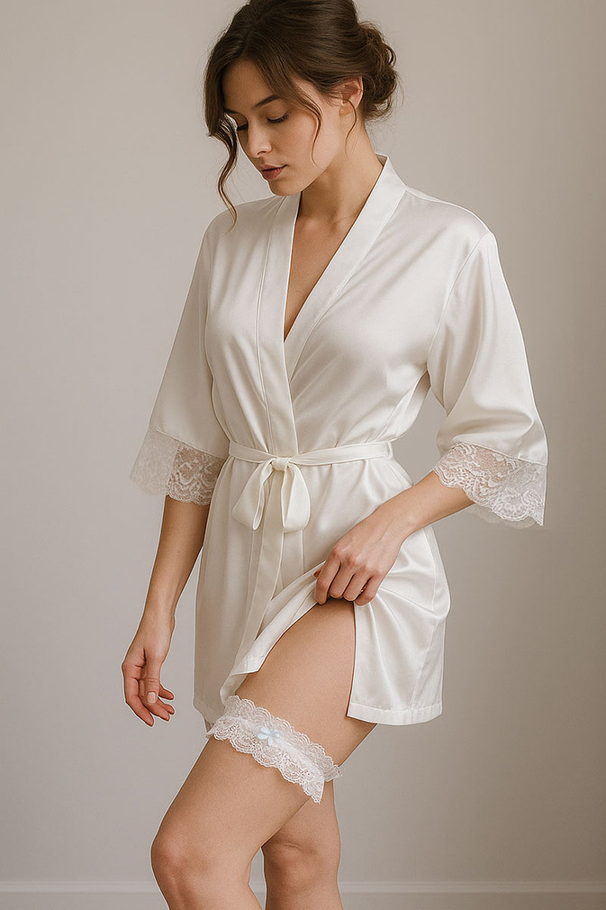 Svadobný smotanový set župan + podväzok + gumička Gina Wedding