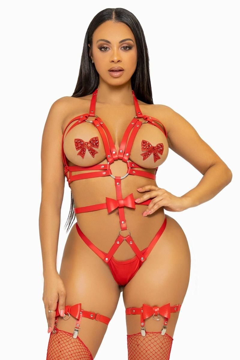 Červené harness body z eko kože KI4037