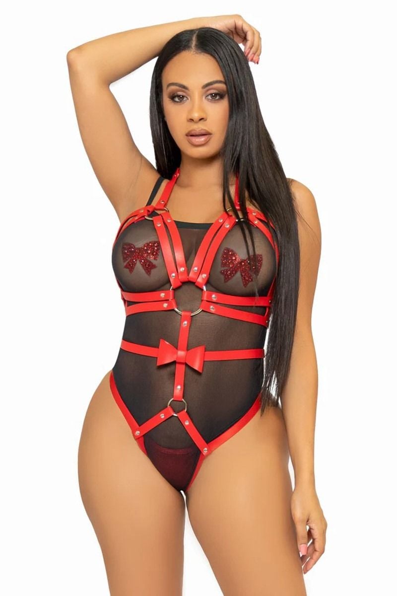 Červené harness body z eko kože KI4037