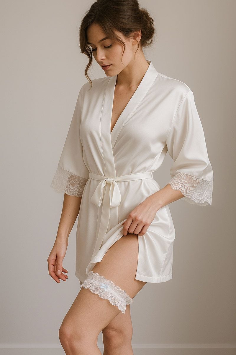 Svadobný smotanový set župan + podväzok + gumička Gina Wedding